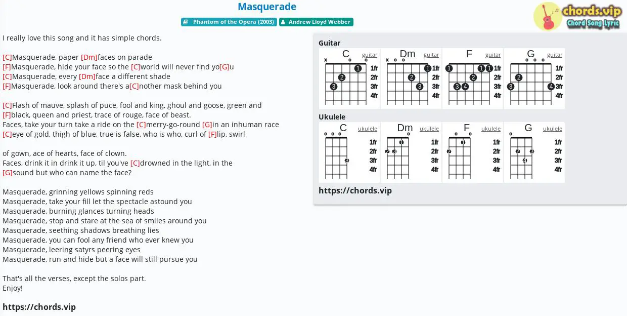 Chord Masquerade Andrew Lloyd Webber Tab Song Lyric Sheet Guitar Ukulele Chords Vip