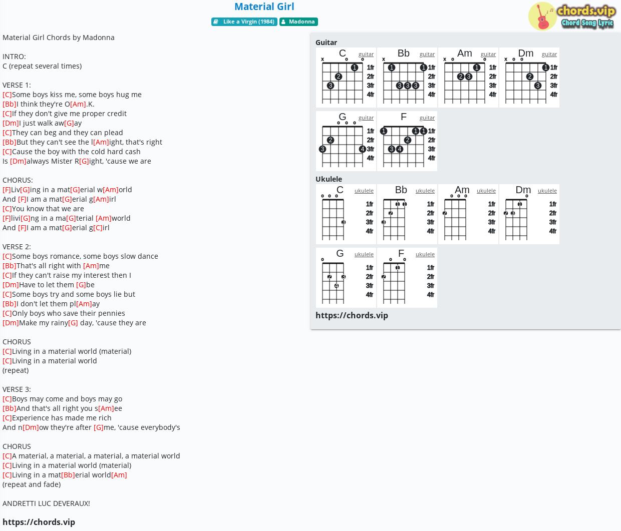 Chord: Material Girl - Madonna - tab, song lyric, sheet, guitar, ukulele |