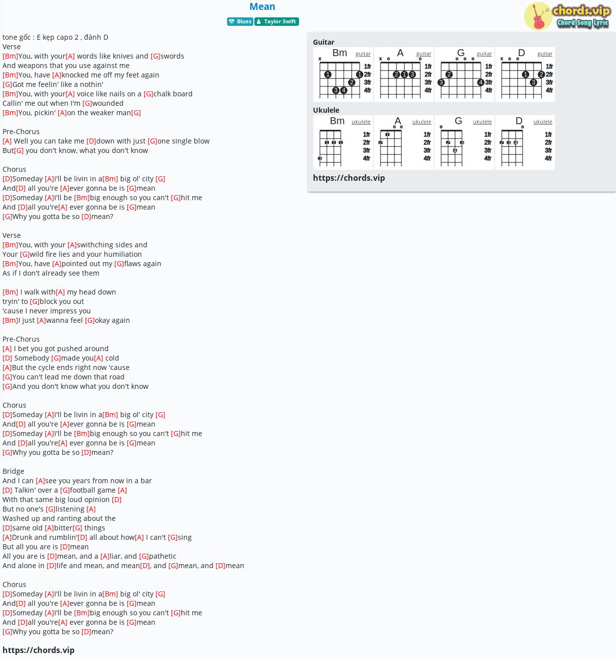 Chord: Mean - tab, song lyric, sheet, guitar, ukulele | chords.vip
