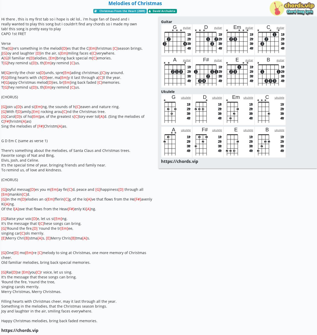 Chord Melodies Of Christmas David Archuleta Tab Song Lyric Sheet Guitar Ukulele Chords Vip