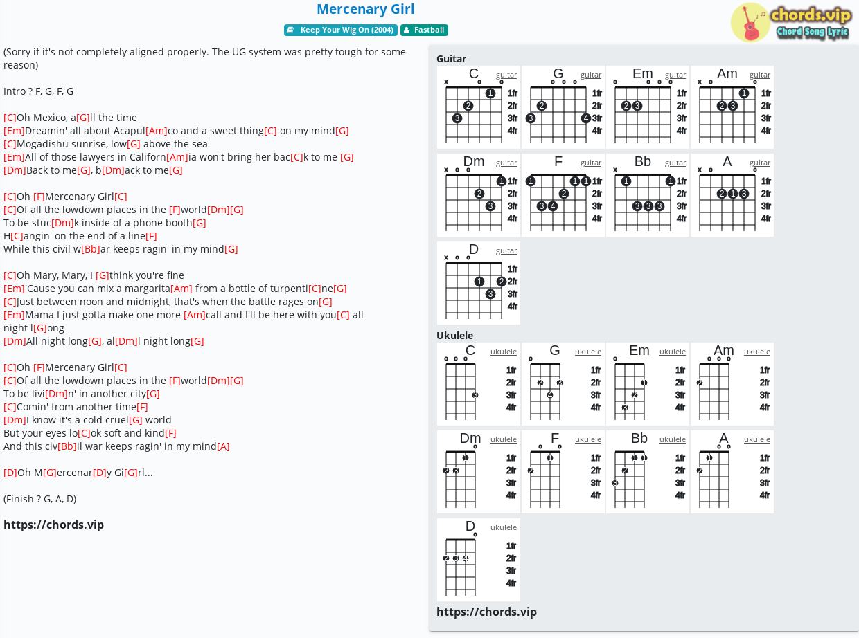 Chord Mercenary Girl Fastball Tab Song Lyric Sheet Guitar Ukulele Chords Vip