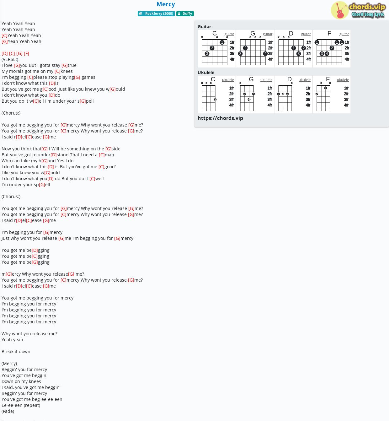 Chord: Mercy - Duffy - song lyric, sheet, guitar, ukulele | chords.vip