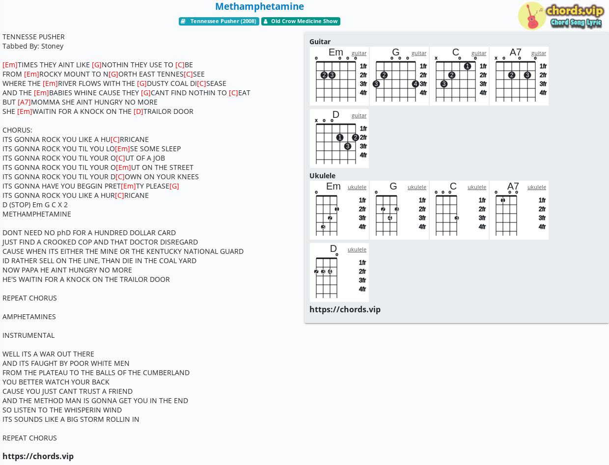 Chord Methamphetamine Old Crow Medicine Show Tab Song Lyric Sheet Guitar Ukulele Chords Vip