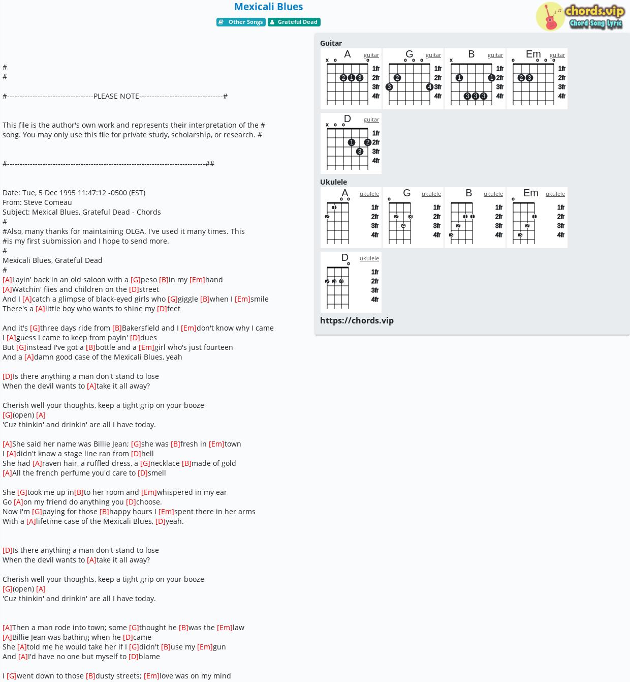 Chord Mexicali Blues Grateful Dead tab, song lyric, sheet, guitar