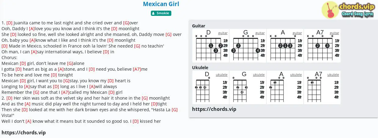 Chord Mexican Girl Chris Norman Smokie Tab Song Lyric Sheet Guitar Ukulele Chords Vip