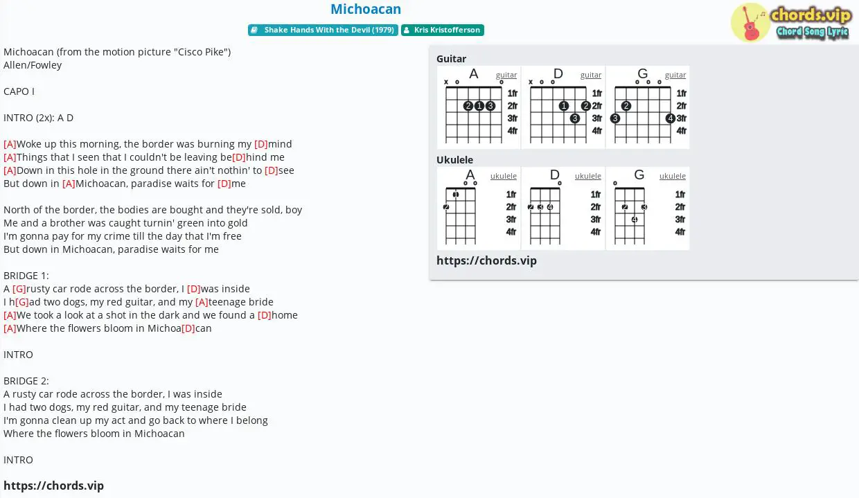 Chord Michoacan Kris Kristofferson Tab Song Lyric Sheet Guitar Ukulele Chords Vip Chord Michoacan Kris Kristofferson Tab Song Lyric Sheet Guitar Ukulele Chords Vip
