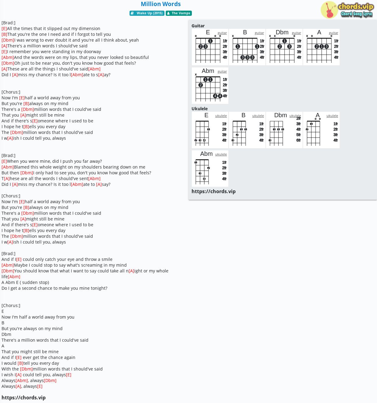Chord Million Words The Vamps Tab Song Lyric Sheet Guitar Ukulele Chords Vip