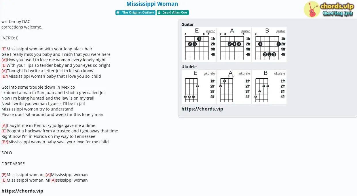 Chord Mississippi Woman David Allan Coe Tab Song Lyric Sheet Guitar Ukulele Chords Vip Chord Mississippi Woman David Allan Coe Tab Song Lyric Sheet Guitar Ukulele Chords Vip