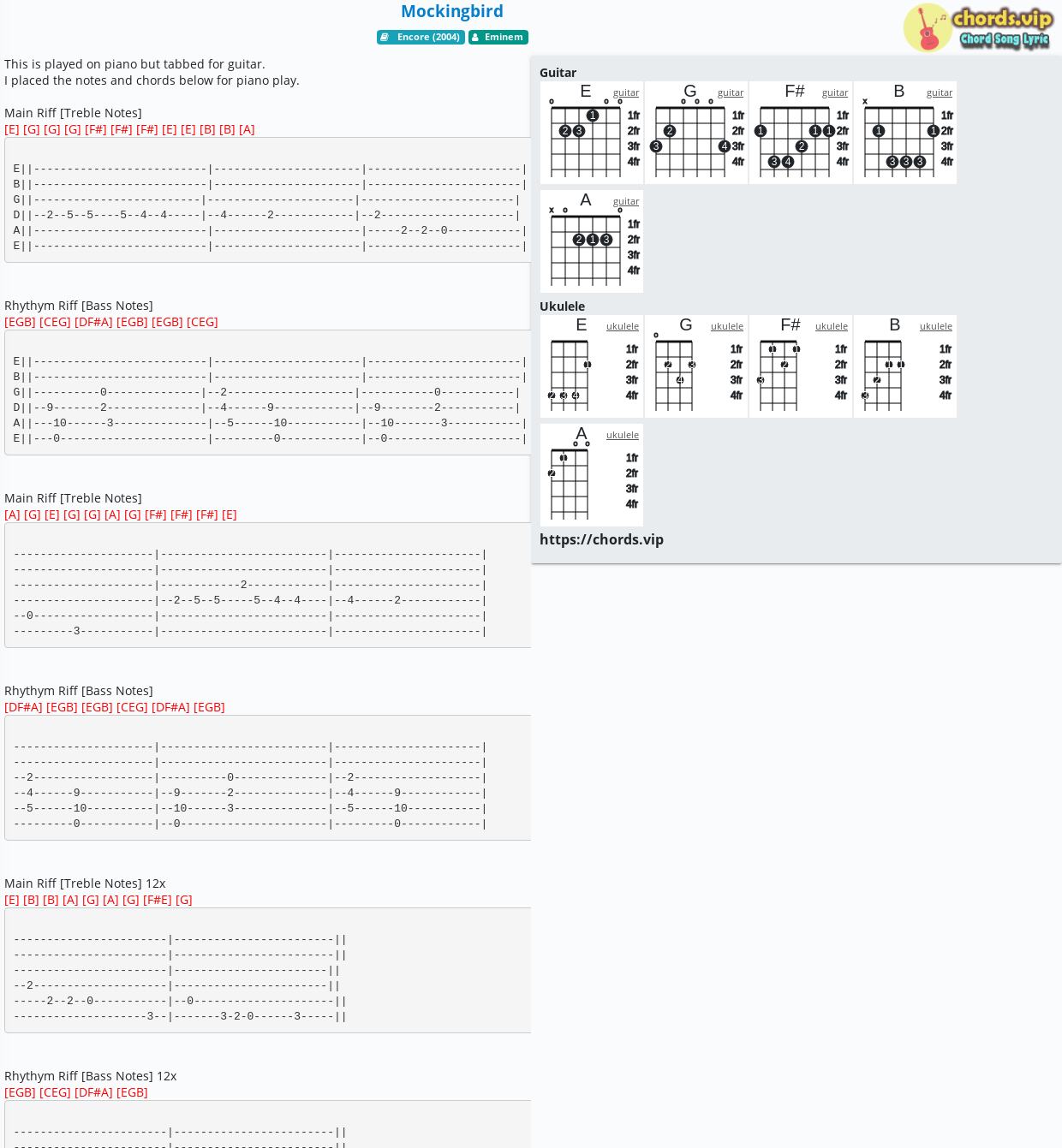 Chord Mockingbird Eminem tab, song lyric, sheet, guitar, ukulele