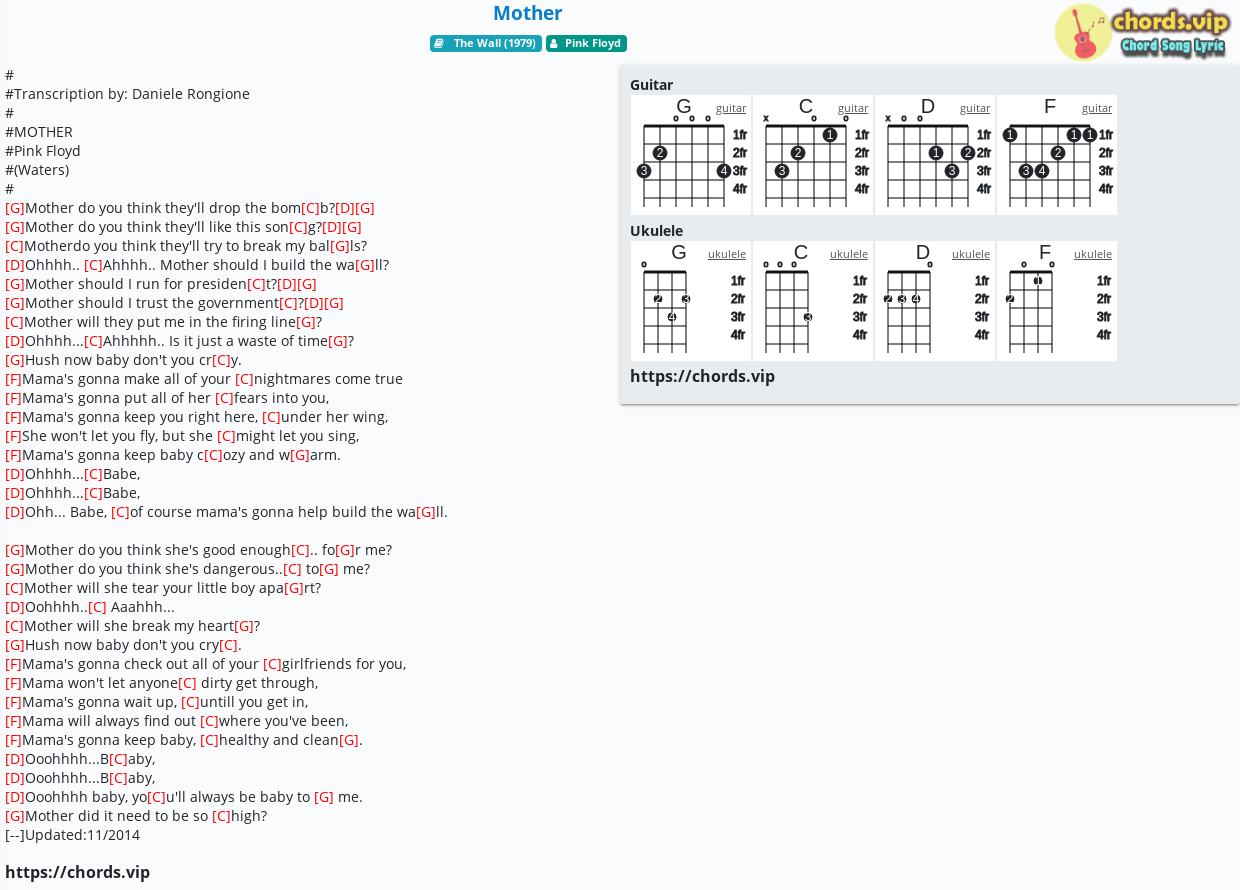 Chord Mother Pink Floyd Tab Song Lyric Sheet Guitar Ukulele 