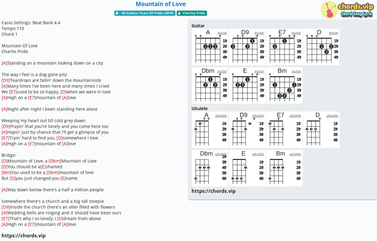 Chord Mountain of Love tab, song lyric, sheet, guitar, ukulele