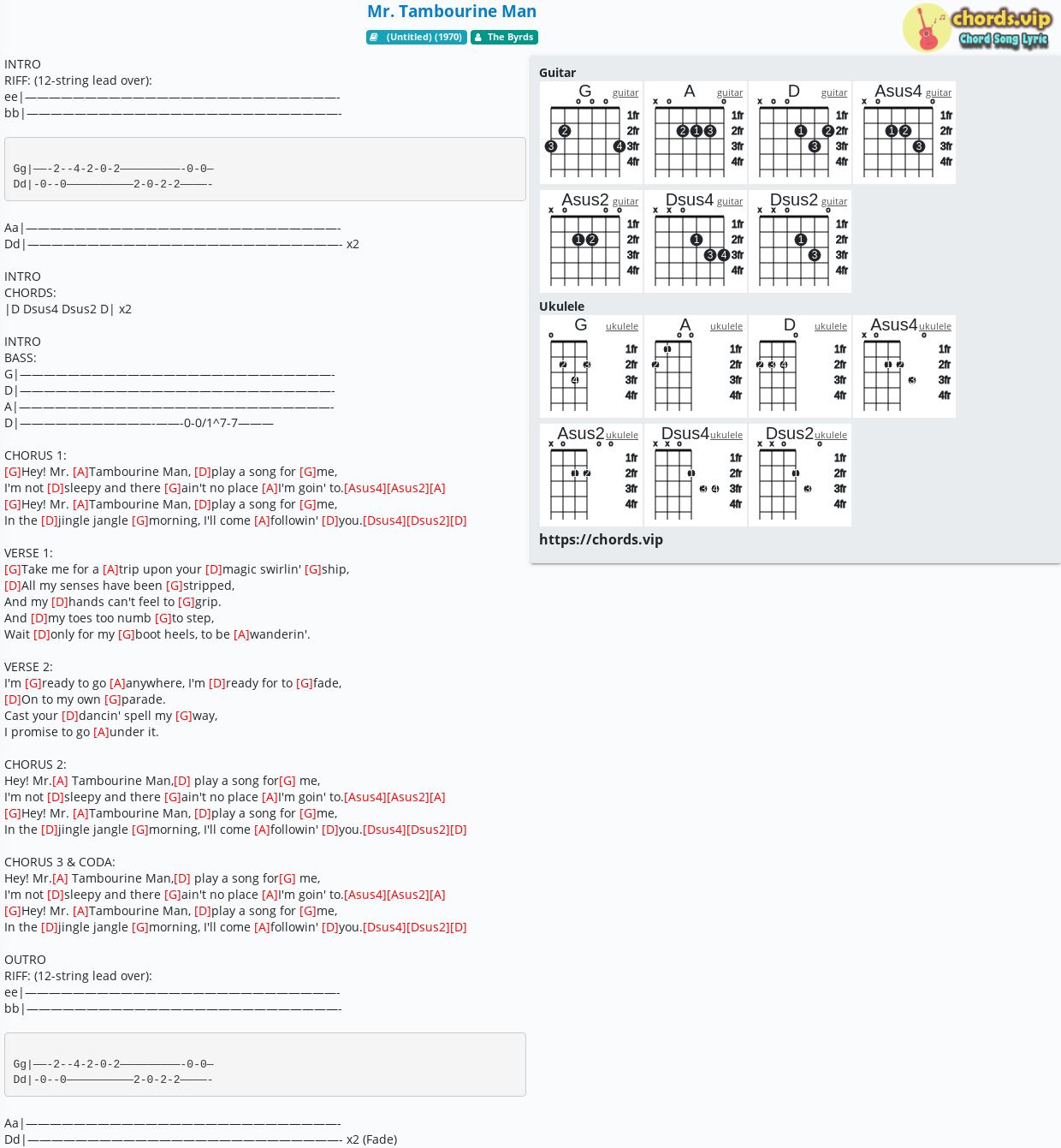 Chord Mr Tambourine Man The Byrds Tab Song Lyric Sheet Guitar Ukulele Chords Vip