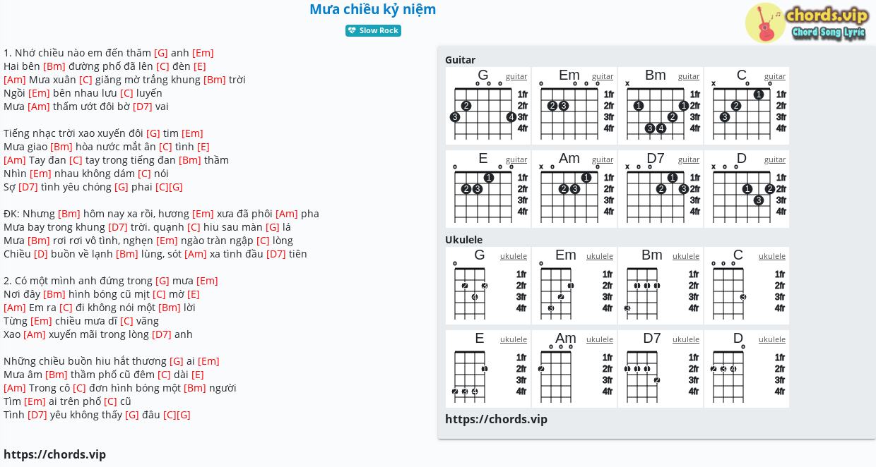 Hợp âm: Mưa chiều kỷ niệm - Duy Yên,Quốc Kỳ - cảm âm, tab guitar, ukulele - lời bài hát | chords.vip