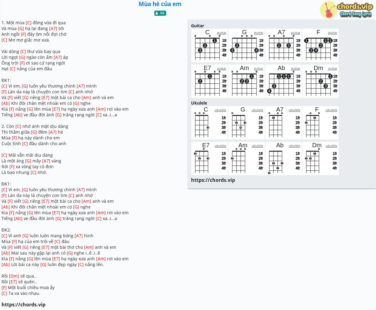 Chord Mua He Của Em Vũ Tab Song Lyric Sheet Guitar Ukulele Chords Vip