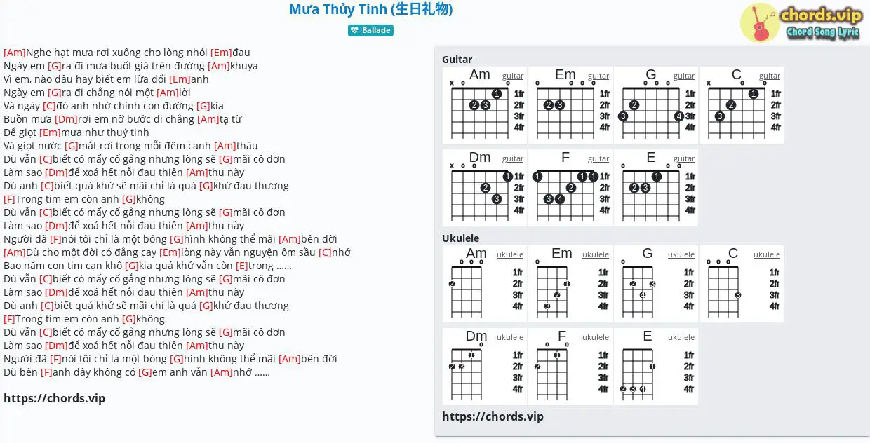 Hợp âm: Mưa Thủy Tinh (生日礼物) - Nhạc Ngoại Lời Việt - cảm âm, tab guitar, ukulele - lời bài hát | chords.vip
