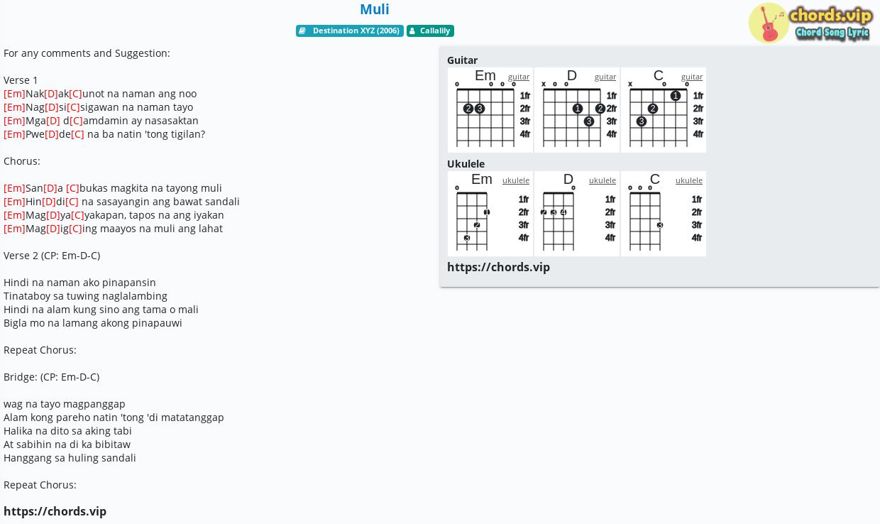 Hợp âm: Muli - cảm âm, tab guitar, ukulele - lời bài hát | chords.vip