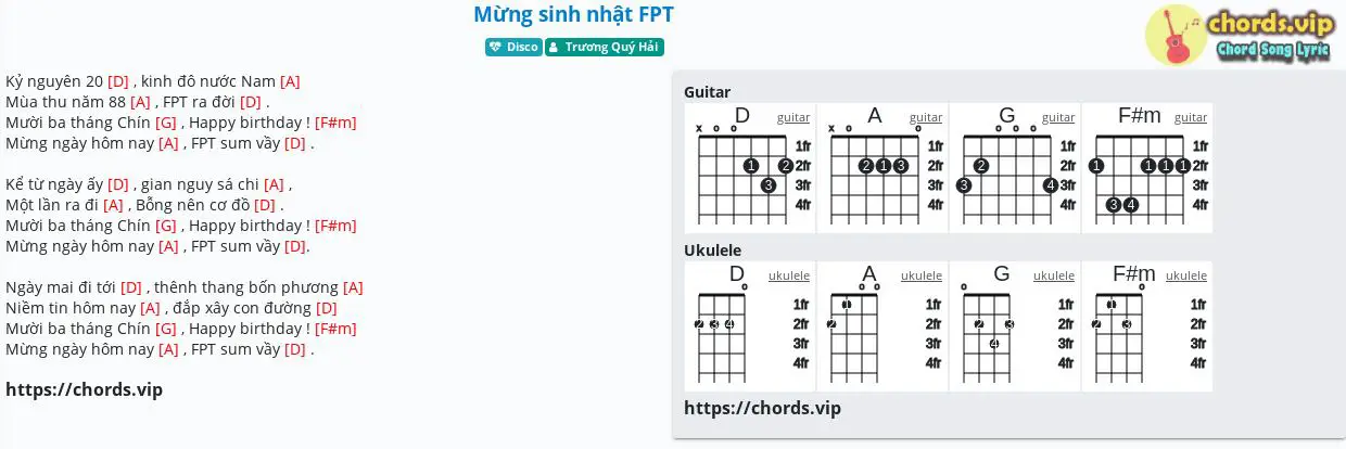 Hợp âm: Mừng sinh nhật FPT - Trương Quý Hải - cảm âm, tab guitar, ukulele -  lời bài hát 