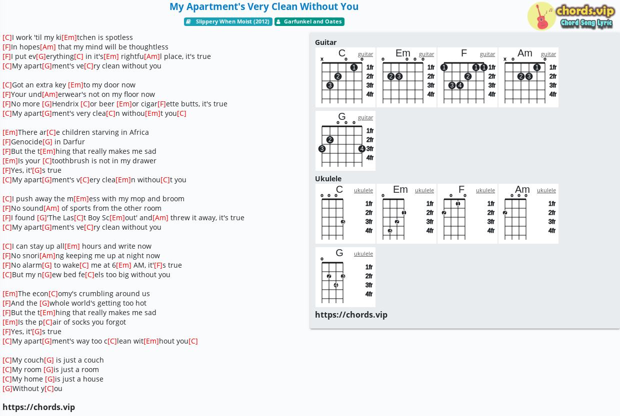 Chord My Apartment S Very Clean Without You Garfunkel And Oates Tab Song Lyric Sheet Guitar Ukulele Chords Vip