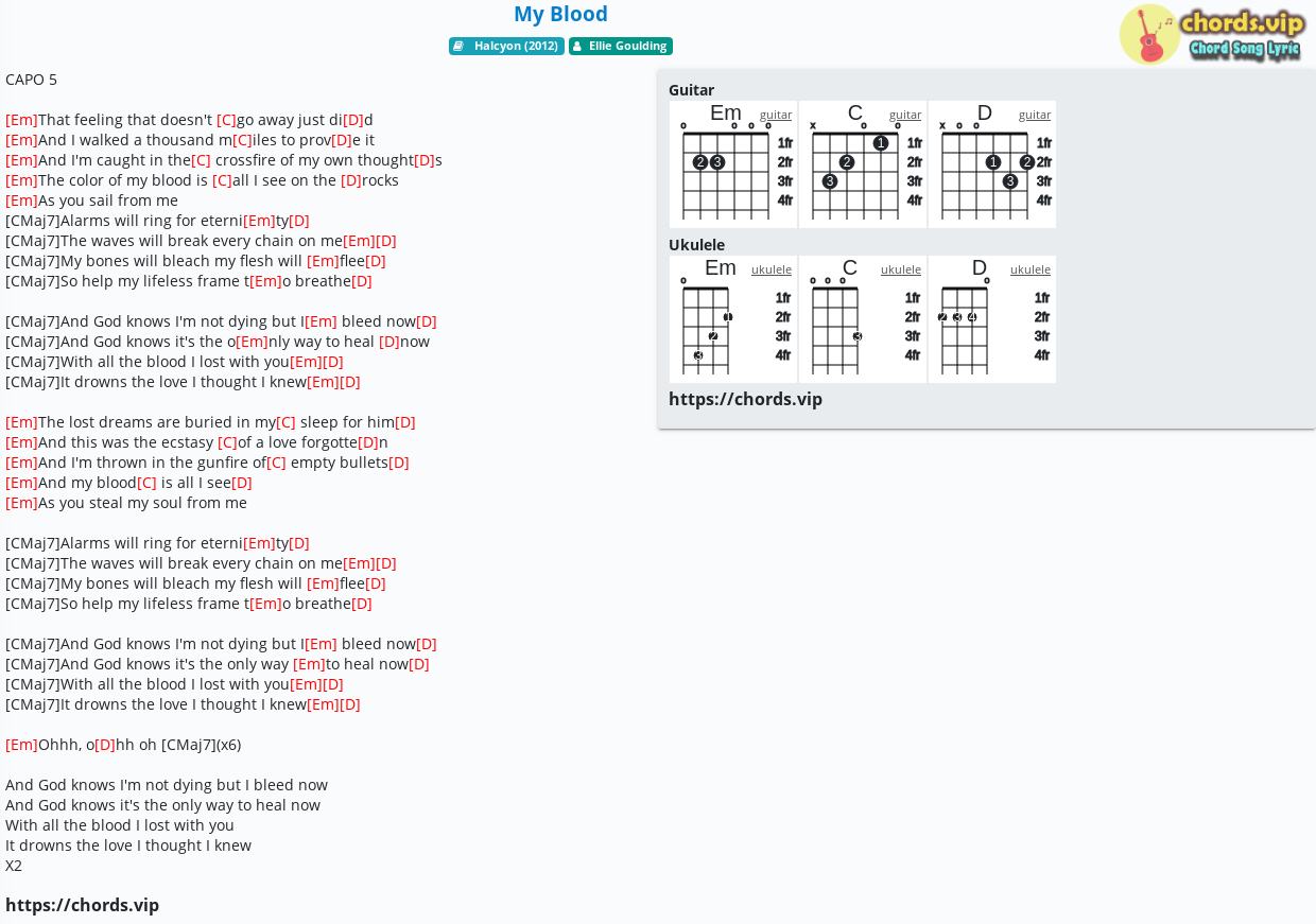 Chord My Blood Ellie Goulding Tab Song Lyric Sheet Guitar Ukulele Chords Vip