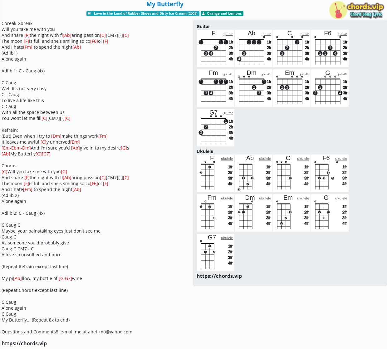 Chord: My Butterfly Orange and - tab, song lyric, sheet, guitar, | chords.vip