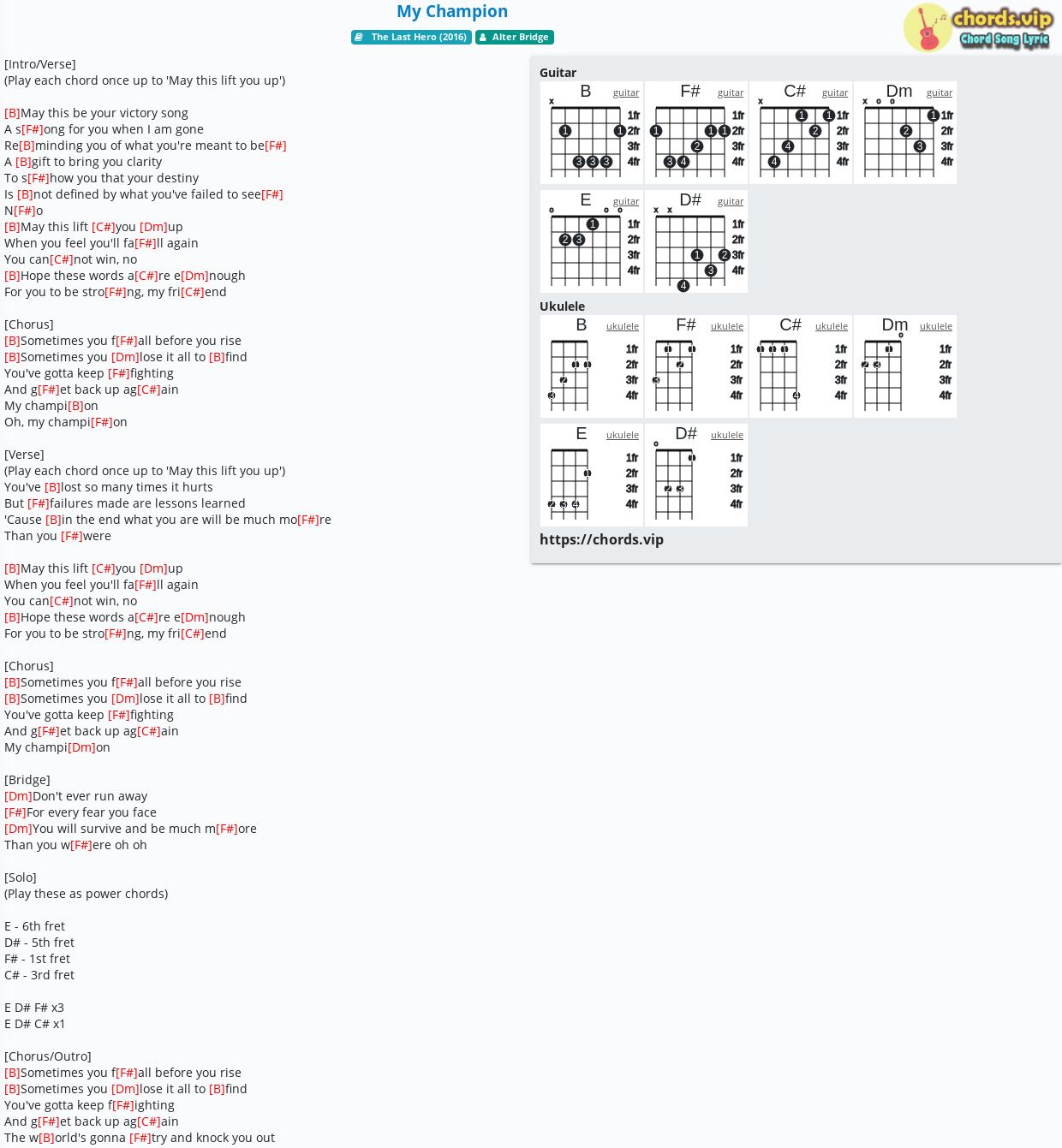 Chord: Champion - Alter Bridge - tab, song lyric, sheet, guitar, ukulele | chords.vip