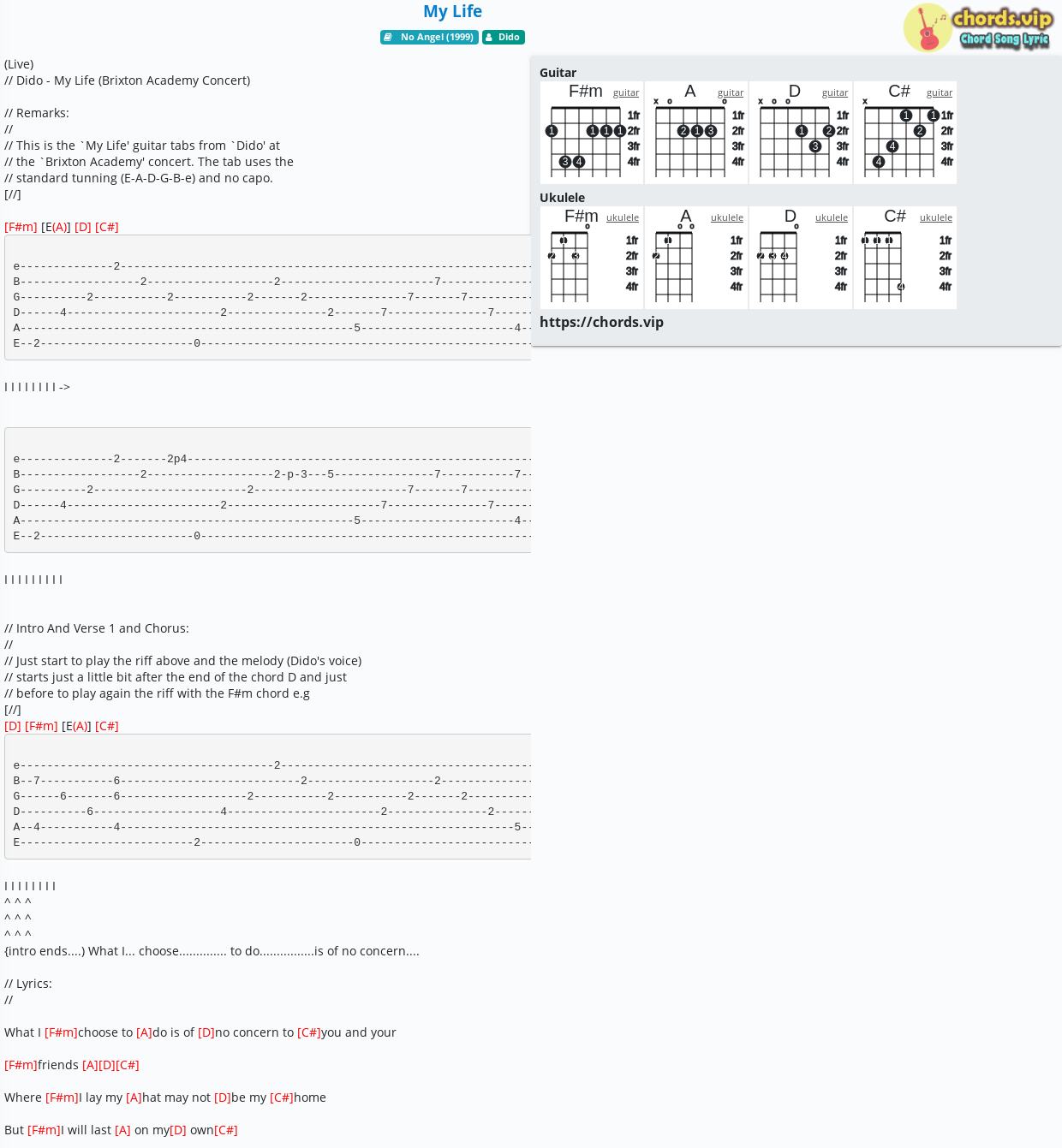Hợp âm: My Life - cảm âm, tab guitar, ukulele - lời bài hát | chords.vip