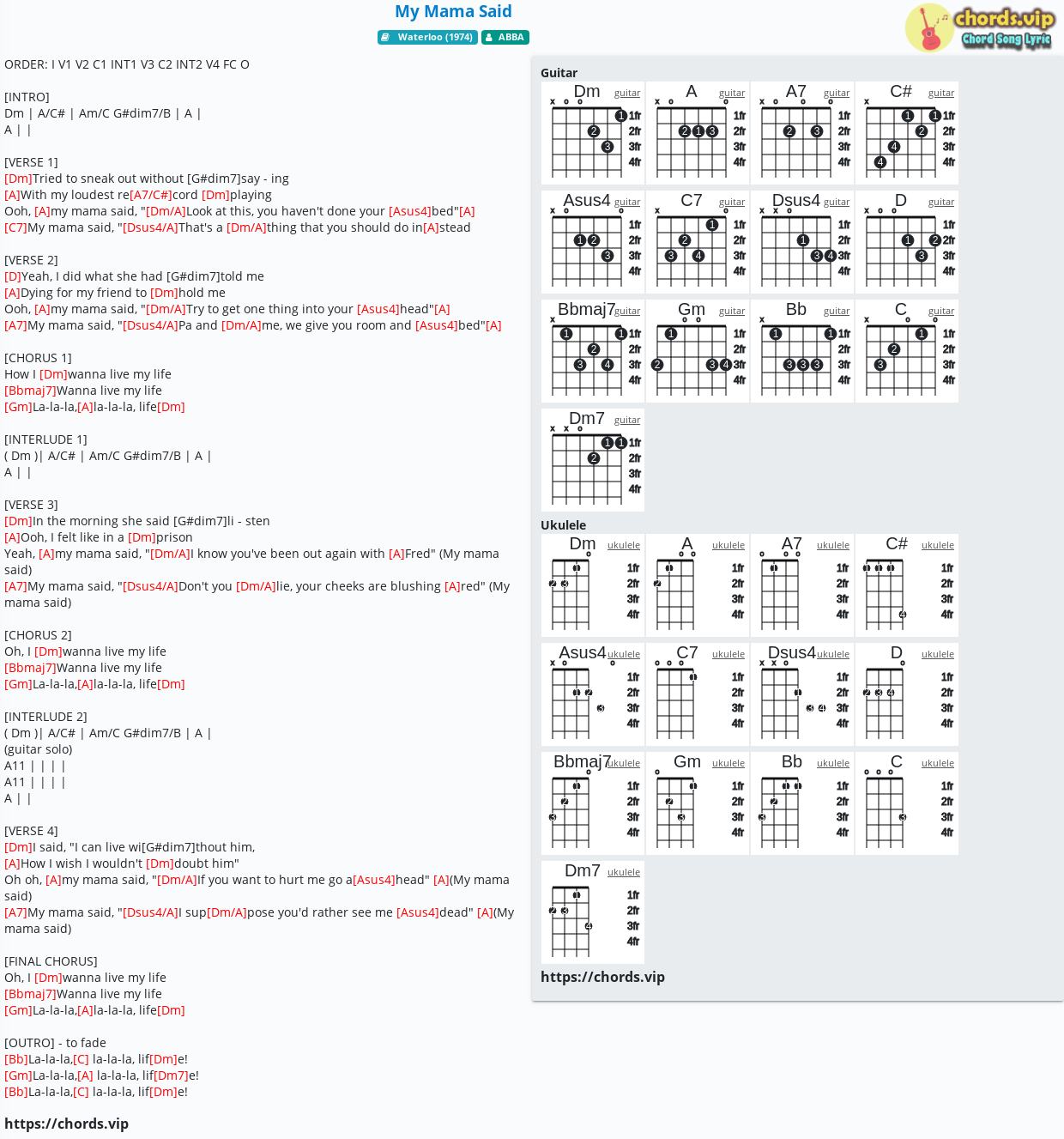 Chord: My Mama Said - ABBA tab, sheet, guitar, ukulele | chords.vip