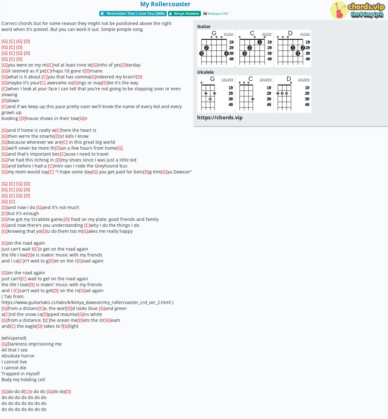 Chord My Rollercoaster Kimya Dawson Tab Song Lyric Sheet Guitar Ukulele Chords Vip