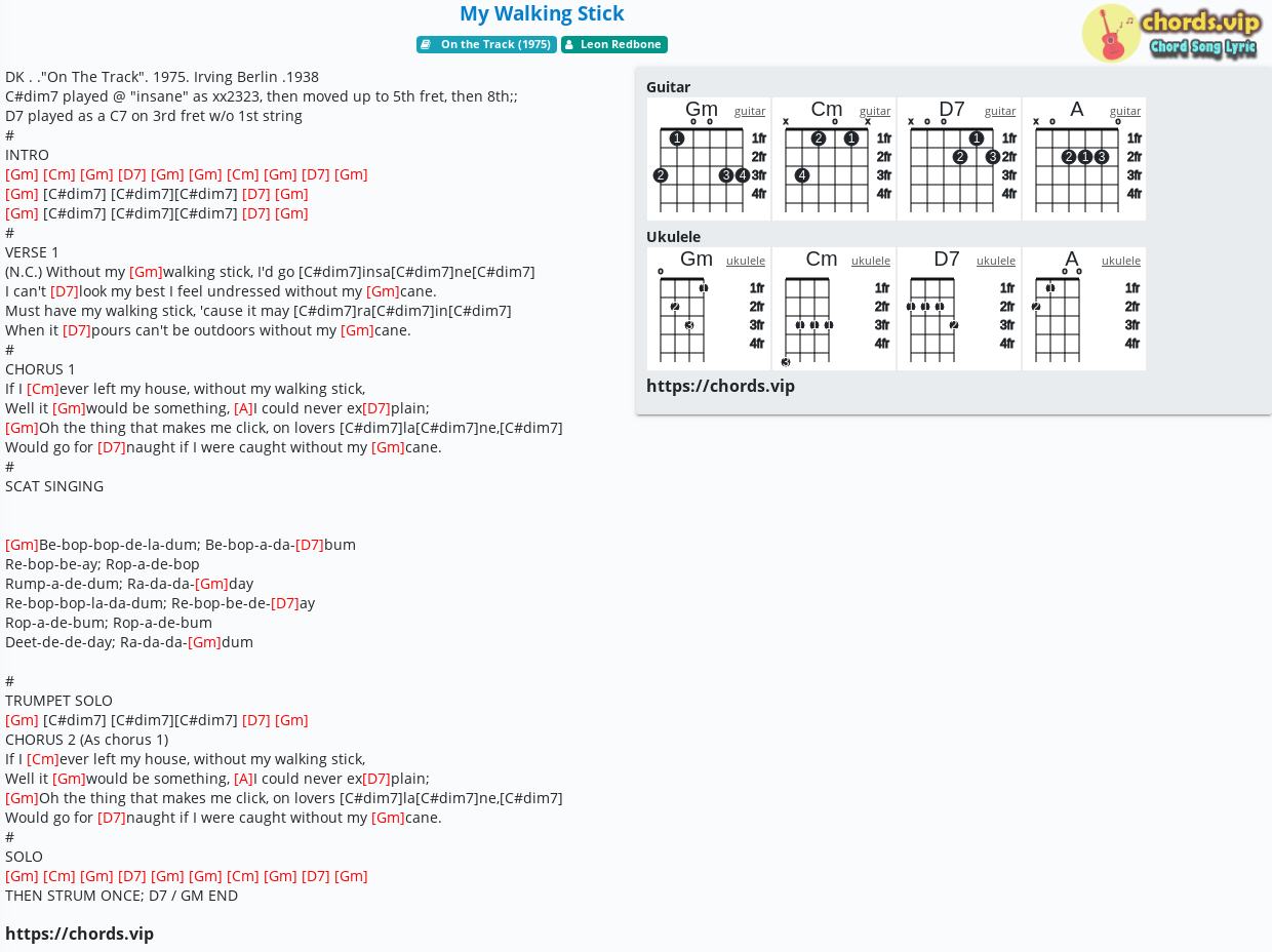 Chord My Walking Stick Leon Redbone Tab Song Lyric Sheet Guitar Ukulele Chords Vip