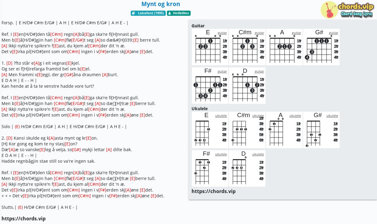 Chord Mynt Og Kron Hellbillies Tab Song Lyric Sheet Guitar Ukulele Chords Vip