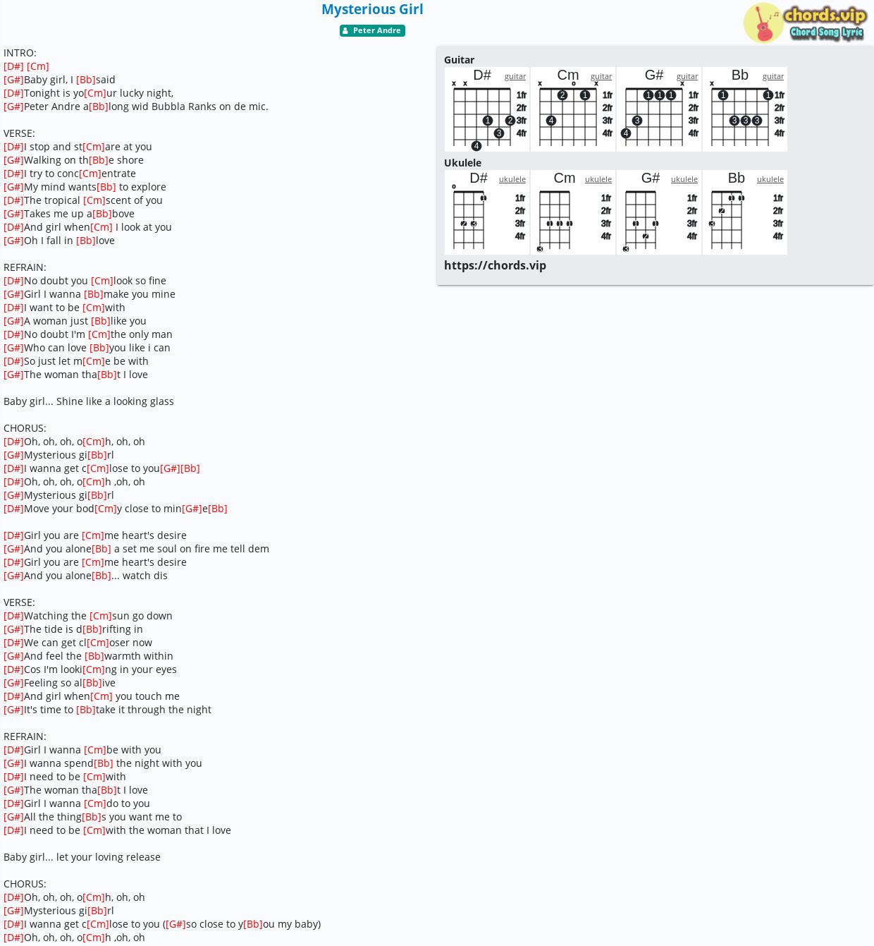 Chord Mysterious Girl Peter Andre Tab Song Lyric Sheet Guitar Ukulele Chords Vip