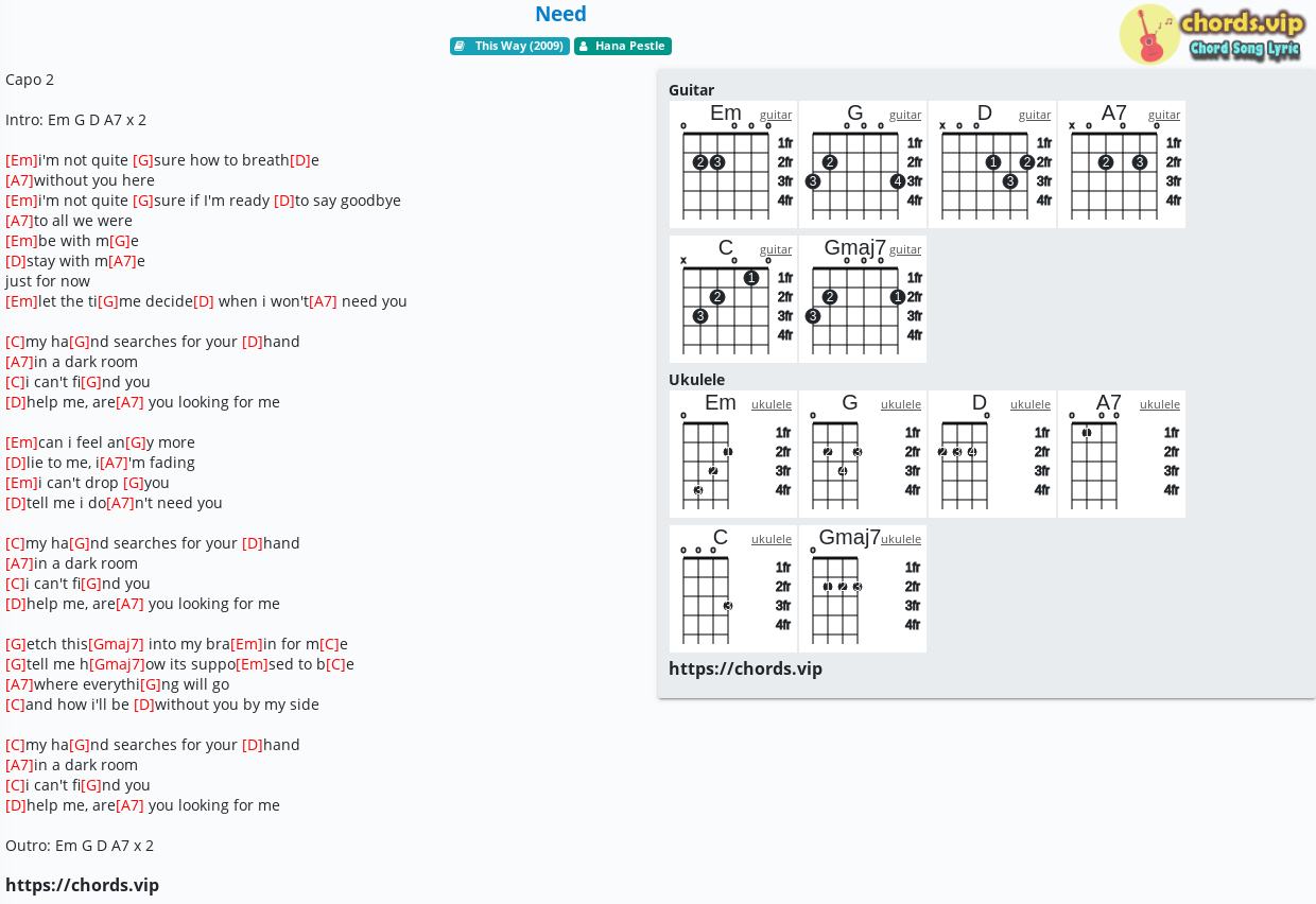 skrot sekvens smertestillende medicin Chord: Need - Hana Pestle - tab, song lyric, sheet, guitar, ukulele |  chords.vip