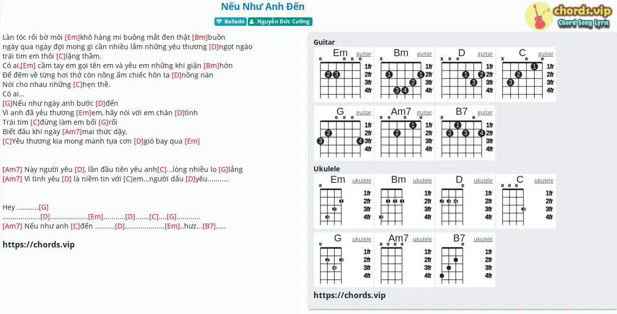 Hợp âm: Nếu Như Anh Đến - Nguyễn Đức Cường - cảm âm, tab guitar, ukulele - lời bài hát | chords.vip