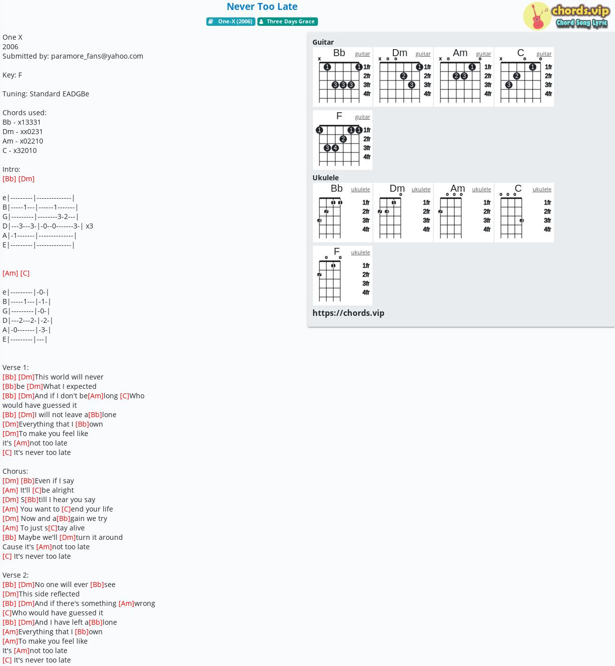 Chord: Never Too Late - tab, song lyric, sheet, guitar, ukulele