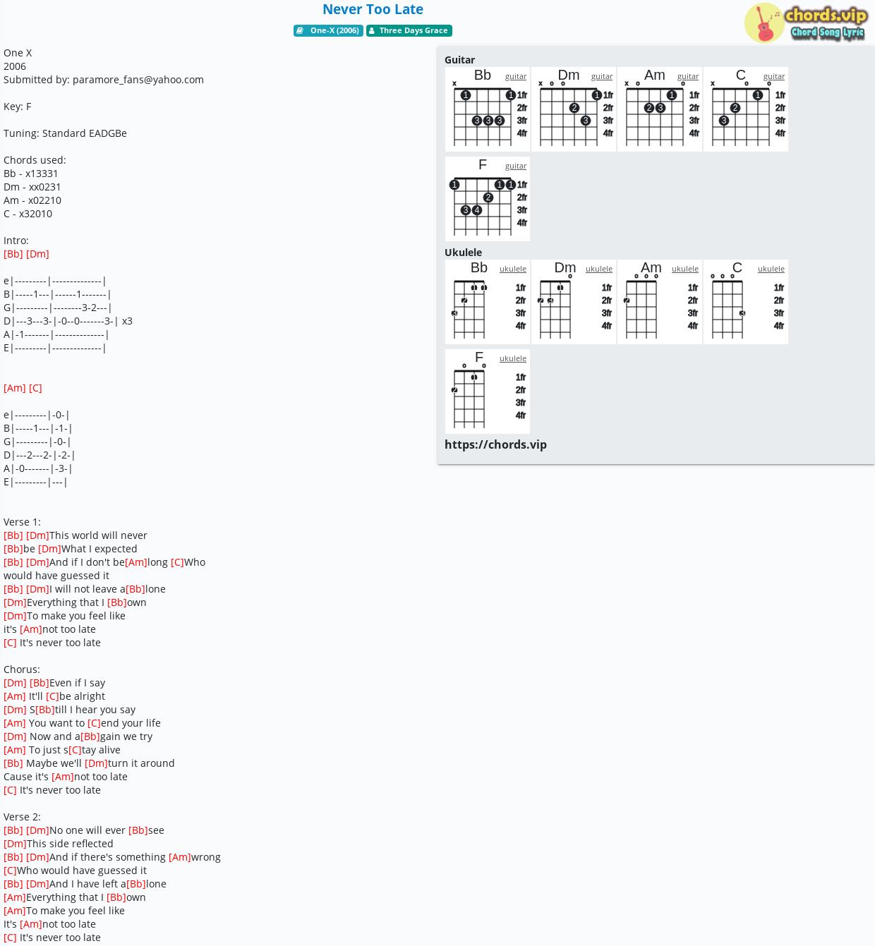 Chord Never Too Late Three Days Grace Tab Song Lyric Sheet Guitar Ukulele Chords Vip