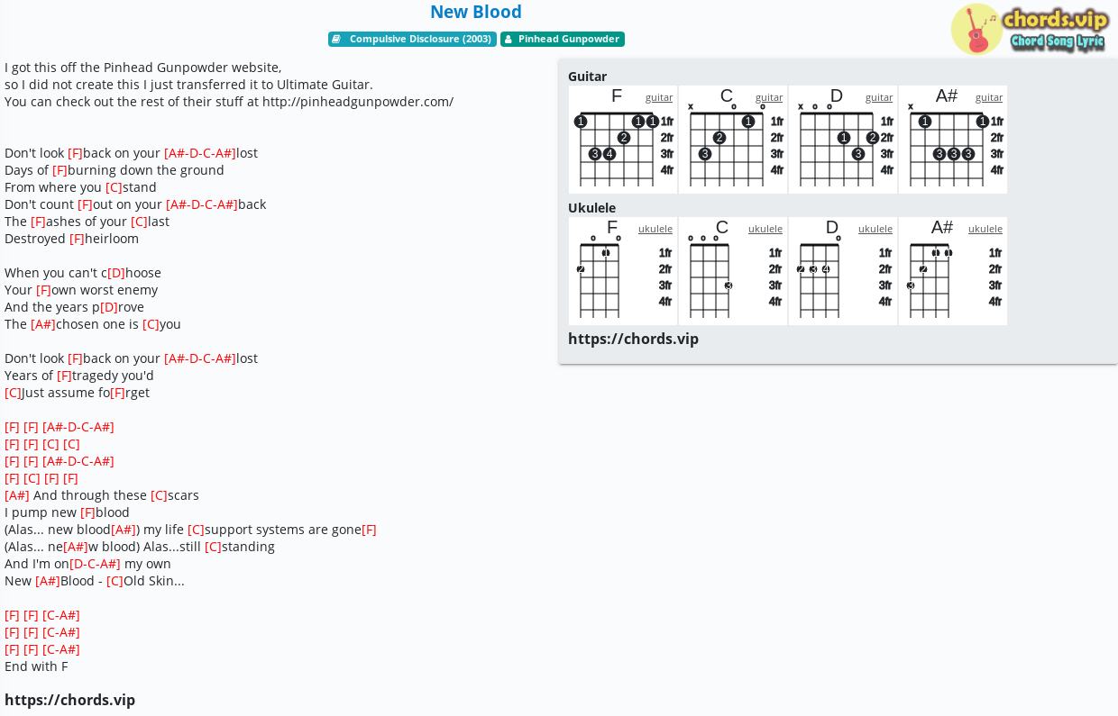 Chord New Blood Pinhead Gunpowder Tab Song Lyric Sheet Guitar Ukulele Chords Vip