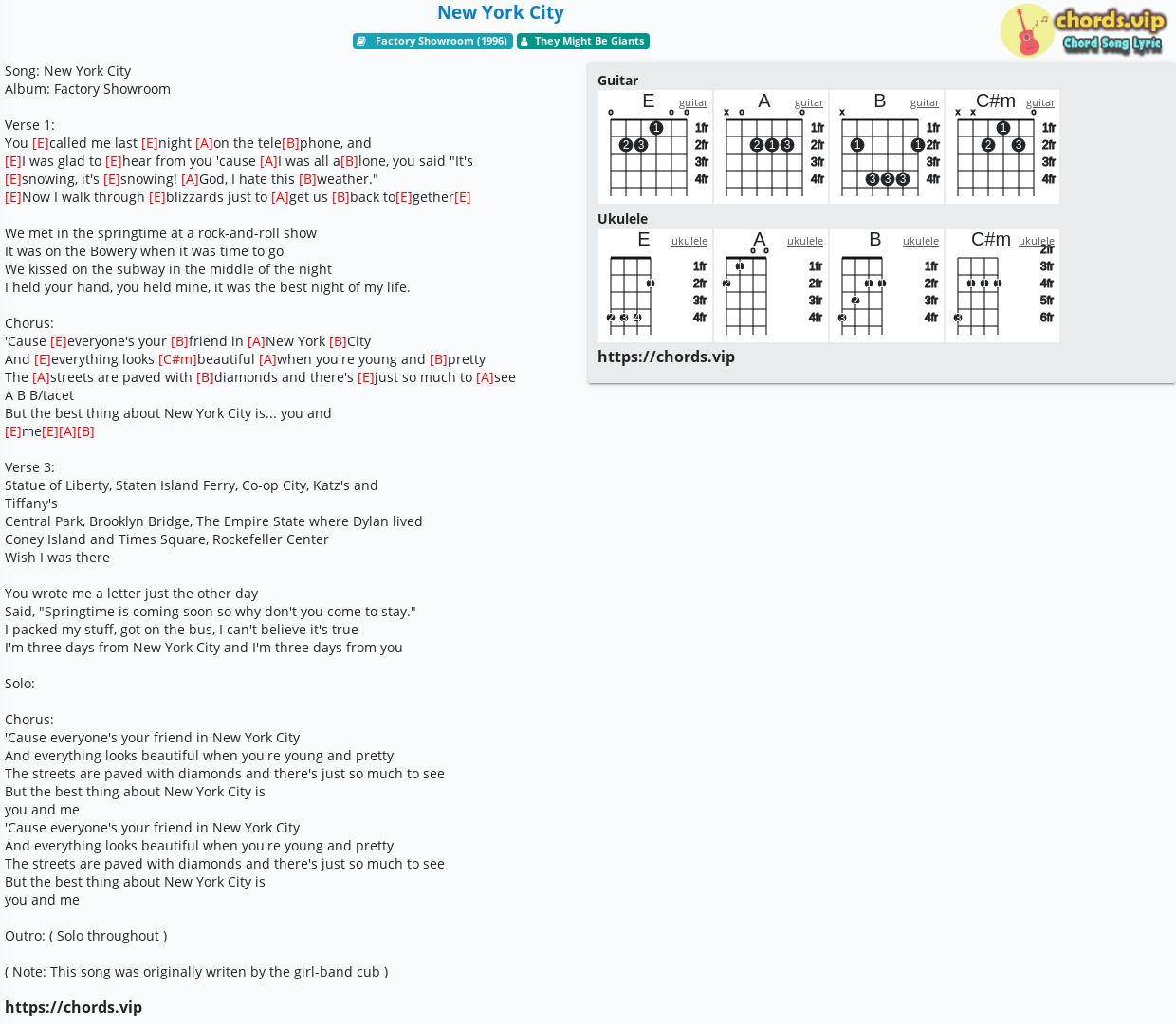 Chord New York City  They Might Be Giants  tab, song lyric, sheet