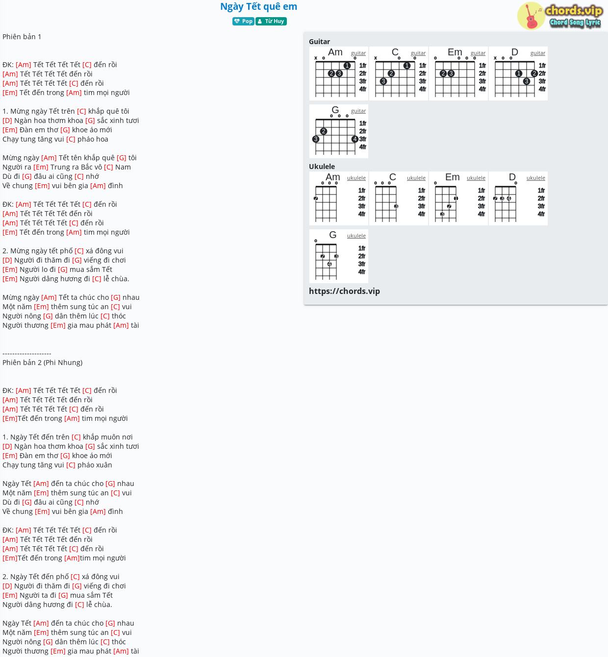 Hợp âm: Ngày Tết quê em - Từ Huy - cảm âm, tab guitar, ukulele - lời bài hát | chords.vip