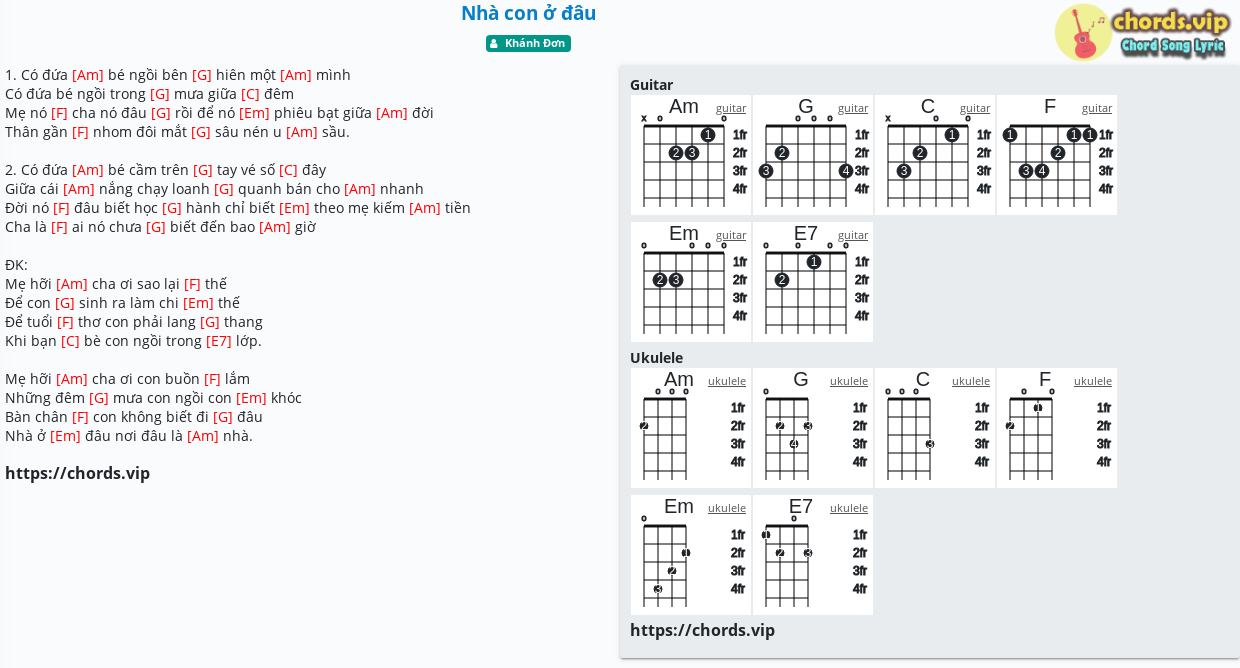 Chord Nha Con ở đau Khanh đơn Tab Song Lyric Sheet Guitar Ukulele Chords Vip