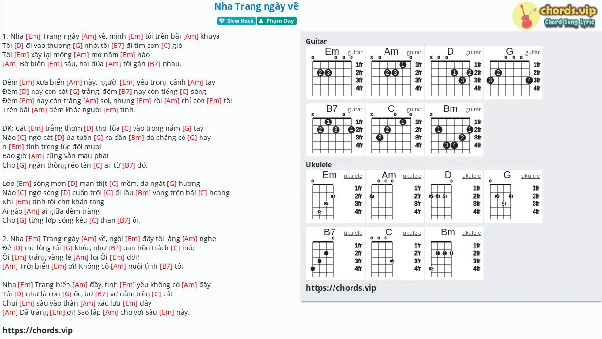 Hợp âm: Nha Trang ngày về - Phạm Duy - cảm âm, tab guitar, ukulele - lời bài hát | chords.vip