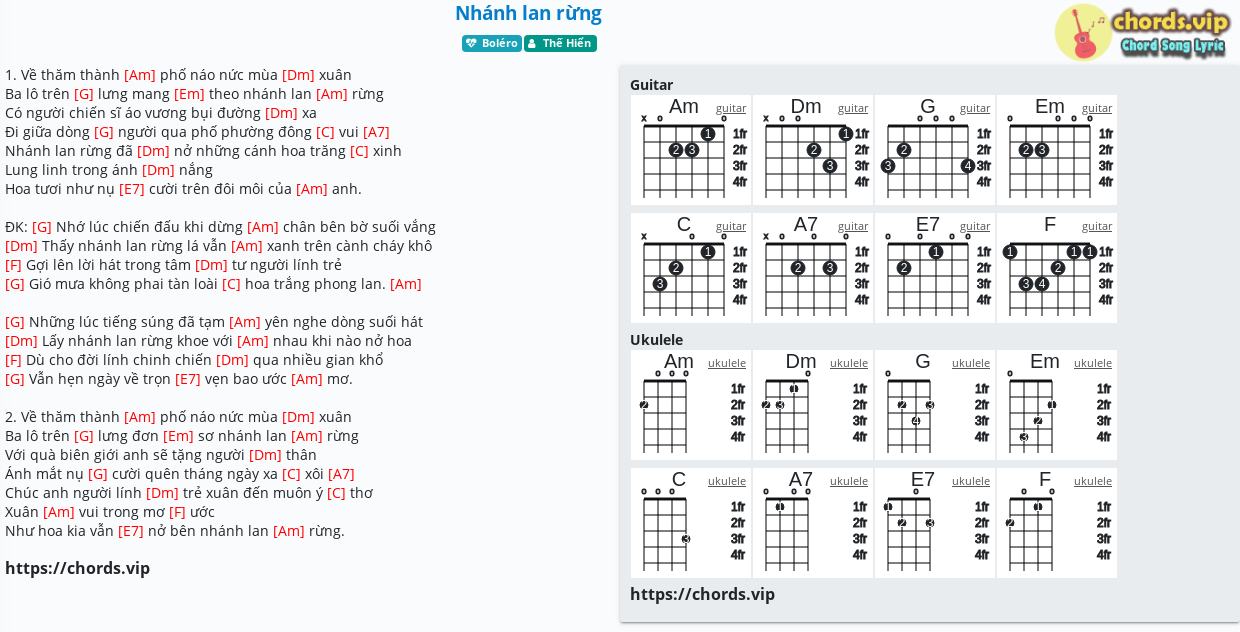 Hợp âm: Nhánh lan rừng - Thế Hiển - cảm âm, tab guitar, ukulele - lời bài hát | chords.vip