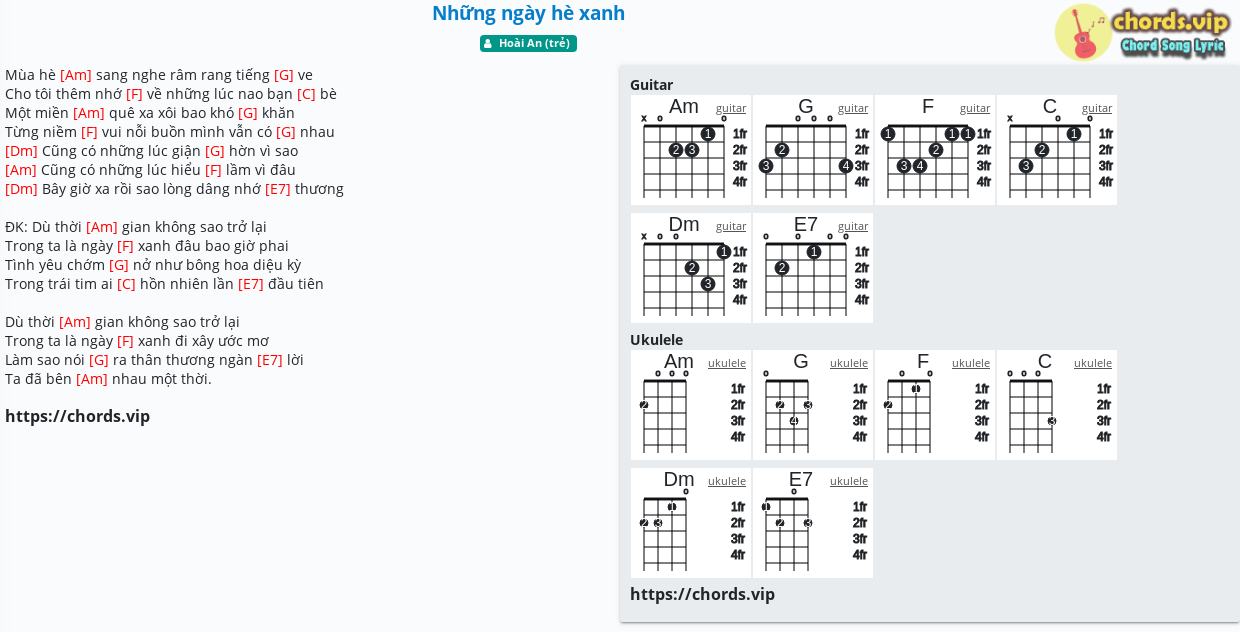 Chord Những Ngay He Xanh Hoai An Trẻ Tab Song Lyric Sheet Guitar Ukulele Chords Vip