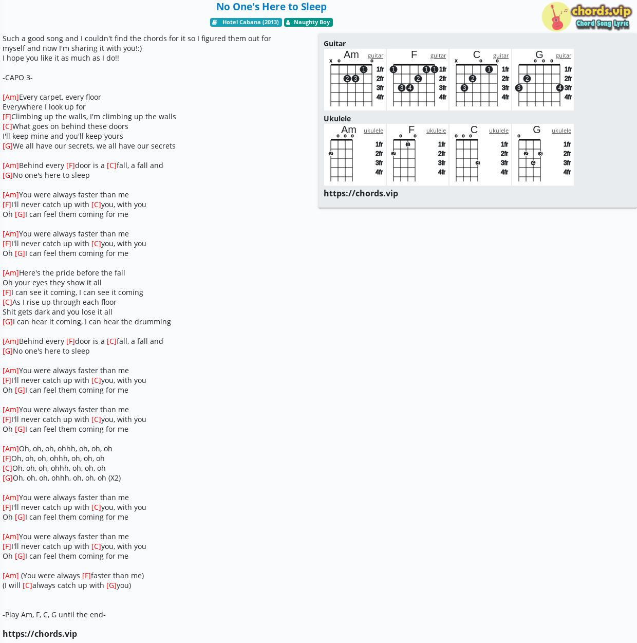 Chord No One S Here To Sleep Naughty Boy Tab Song Lyric Sheet Guitar Ukulele Chords Vip