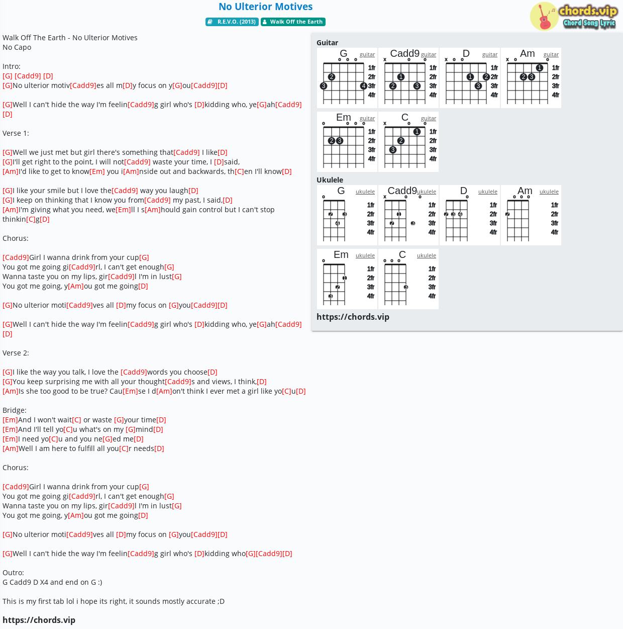 Chord No Ulterior Motives Walk Off The Earth Tab Song Lyric Sheet Guitar Ukulele Chords Vip