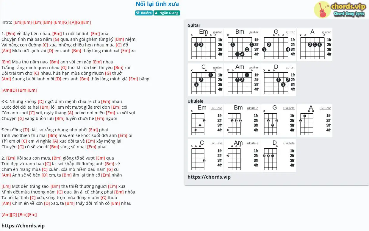 Hợp âm: Nối lại tình xưa - Ngân Giang - cảm âm, tab guitar, ukulele - lời bài hát | chords.vip