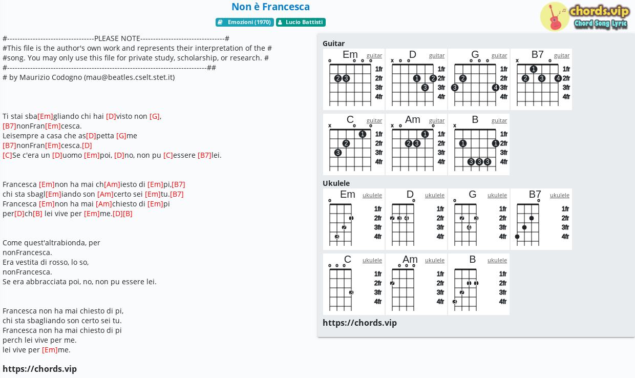 Chord: Non è Francesca - tab, song lyric, sheet, guitar, ukulele