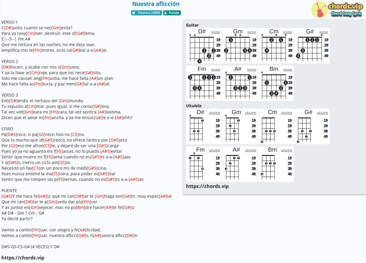 Chord Nuestra Aflicción Panda Tab Song Lyric Sheet Guitar