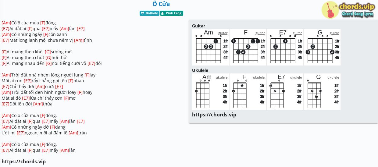 Chord O Cửa Pink Frog Tab Song Lyric Sheet Guitar Ukulele Chords Vip
