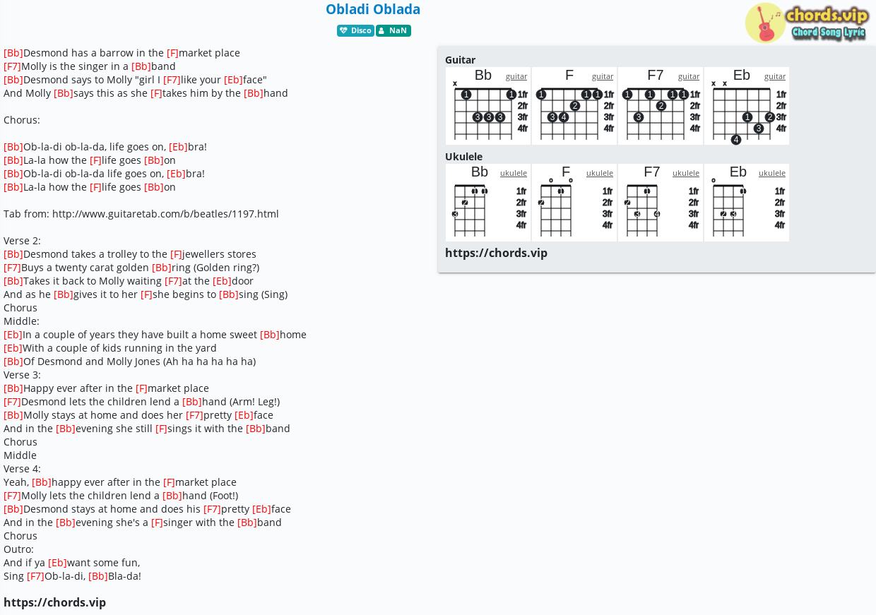 Chord Obladi Oblada The Beatles Nan Tab Song Lyric Sheet Guitar Ukulele Chords Vip