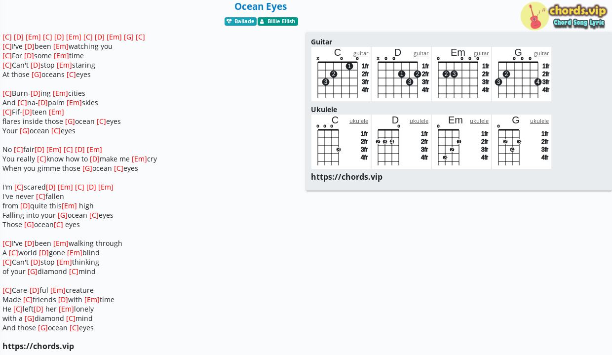 at se som resultat ansvar Chord: Ocean Eyes - Billie Eilish - tab, song lyric, sheet, guitar, ukulele  | chords.vip